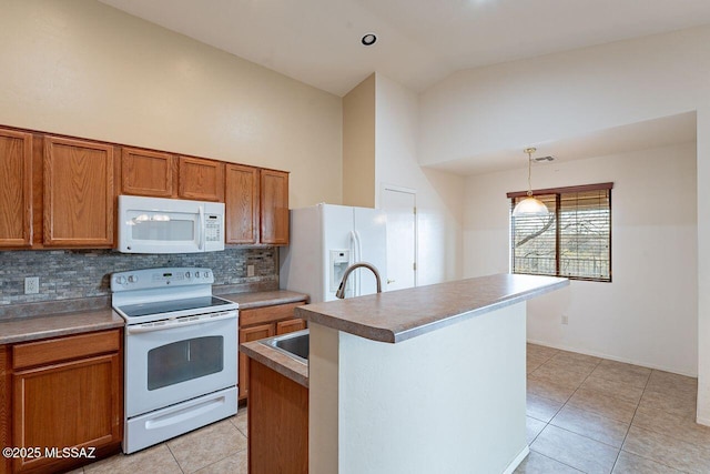 kitchen with high vaulted ceiling, backsplash, a center island with sink, brown cabinetry, and white appliances