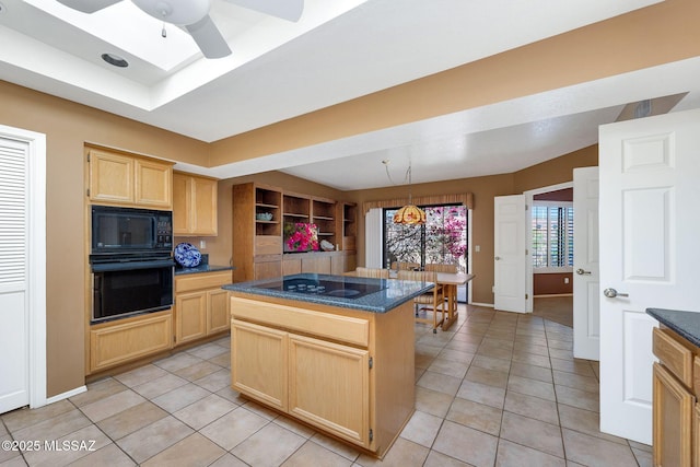 kitchen with light tile patterned floors, black appliances, ceiling fan, and light brown cabinets