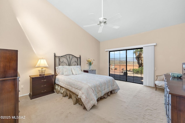 bedroom featuring light colored carpet, a ceiling fan, high vaulted ceiling, and access to outside