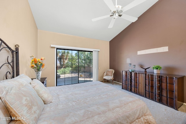 carpeted bedroom with baseboards, high vaulted ceiling, access to exterior, and ceiling fan