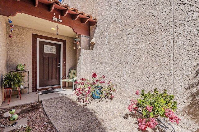 entrance to property featuring stucco siding