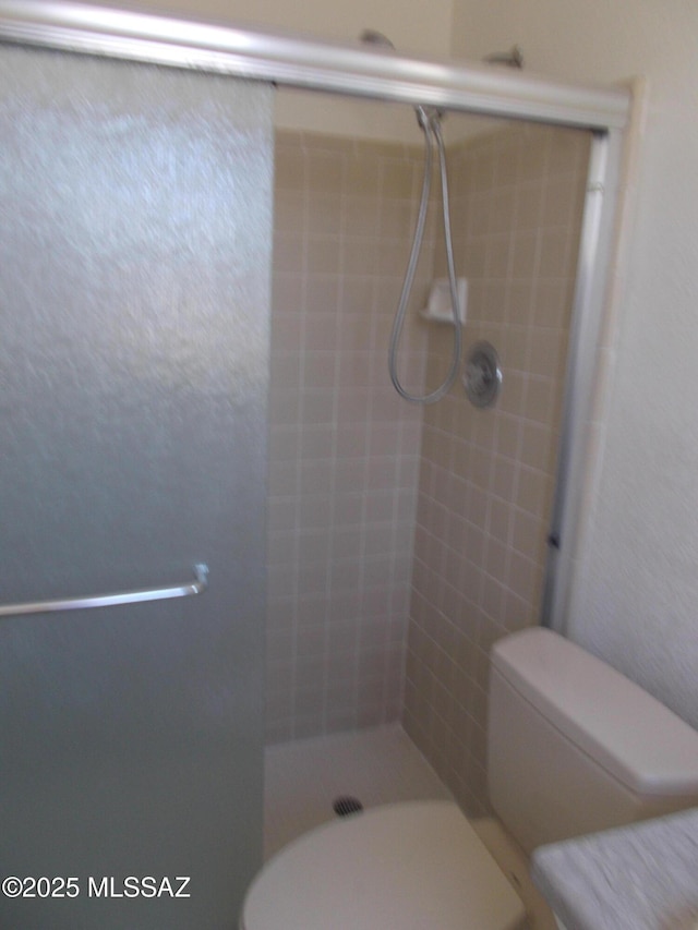 bathroom with toilet and a stall shower