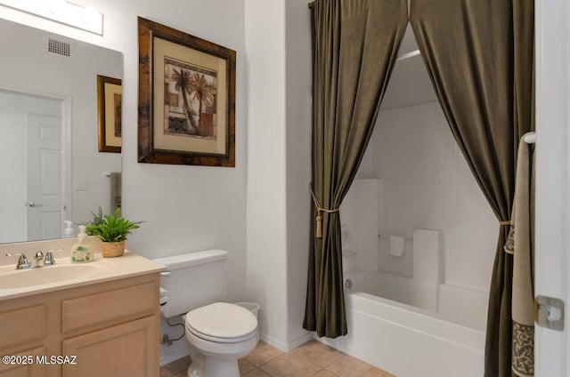 bathroom featuring visible vents, toilet, vanity, shower / bath combo with shower curtain, and tile patterned flooring
