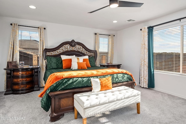 10150 S Rolling Water Dr, Vail, AZ 85641 - carpeted bedroom featuring ceiling fan, baseboards, visible vents, and recessed lighting