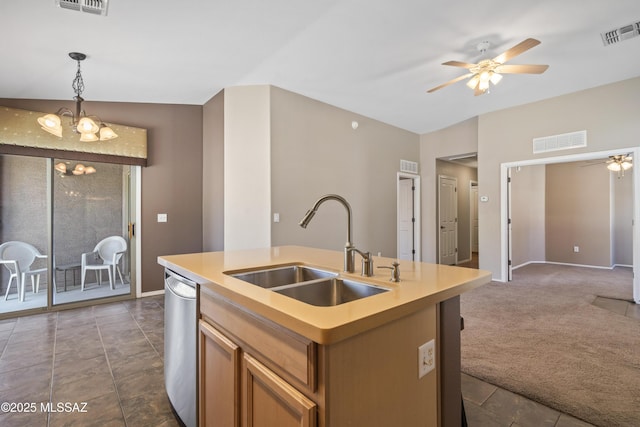 kitchen with a sink, stainless steel dishwasher, visible vents, and ceiling fan