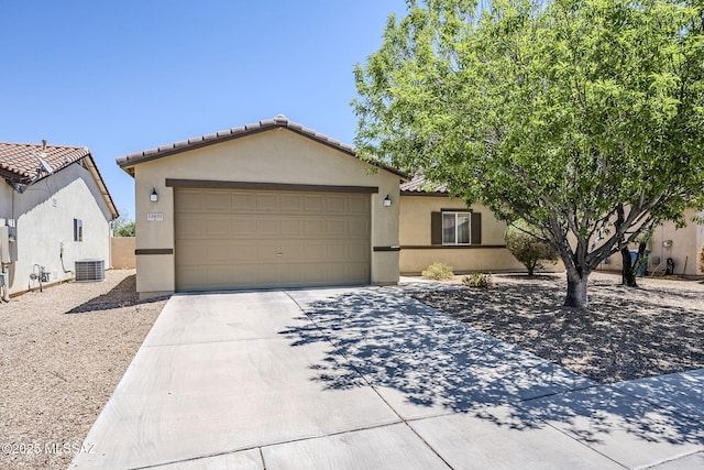 ranch-style house with concrete driveway, a garage, central AC unit, and stucco siding