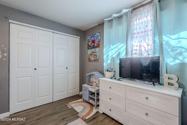 bedroom with a closet and dark wood-style floors