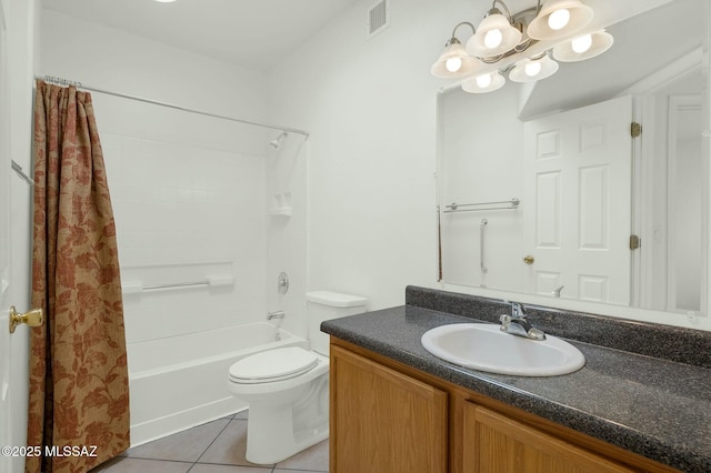 full bath featuring visible vents, toilet, vanity, tile patterned flooring, and a notable chandelier