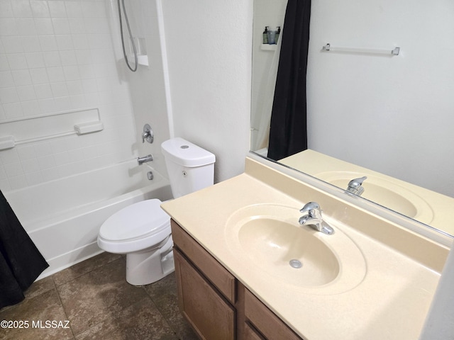 full bathroom featuring toilet, tile patterned floors, vanity, and shower / tub combo with curtain