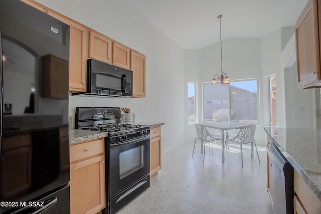 kitchen featuring a notable chandelier, light stone counters, pendant lighting, light brown cabinetry, and black appliances