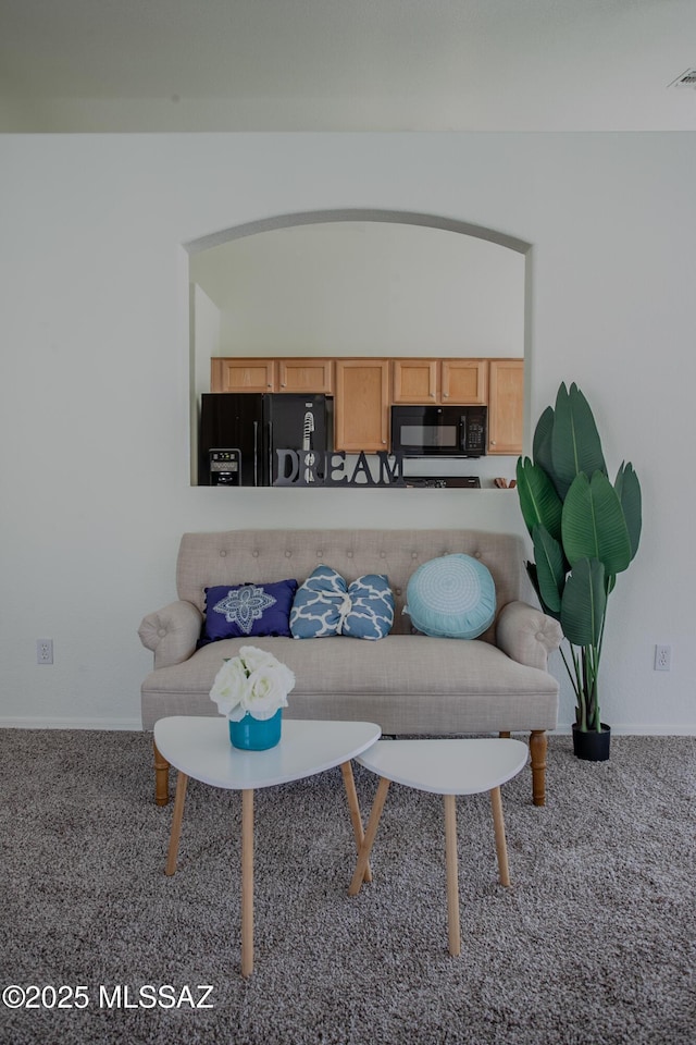 living area with carpet and baseboards