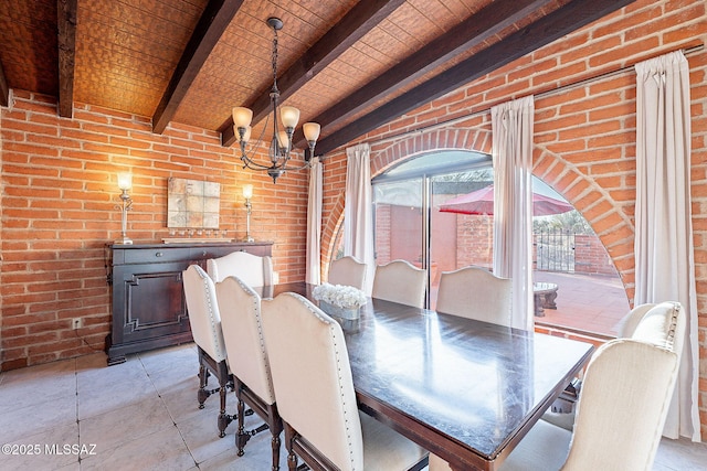 dining space featuring lofted ceiling with beams, an inviting chandelier, brick wall, and wood ceiling