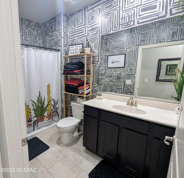 full bath featuring vanity, tile patterned flooring, toilet, curtained shower, and wallpapered walls