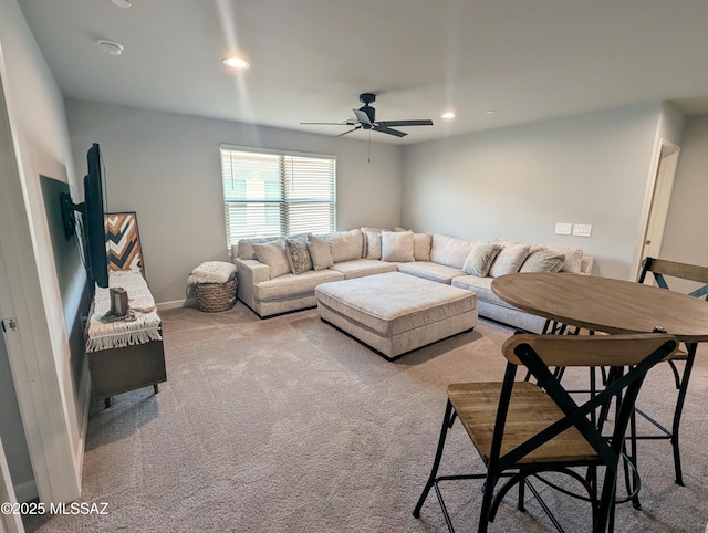 living room with recessed lighting, carpet flooring, and a ceiling fan