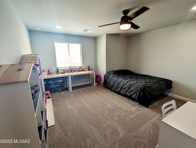 bedroom with visible vents, ceiling fan, carpet, and baseboards