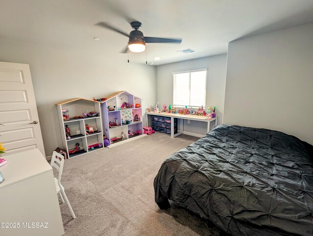 bedroom featuring carpet flooring, visible vents, and ceiling fan