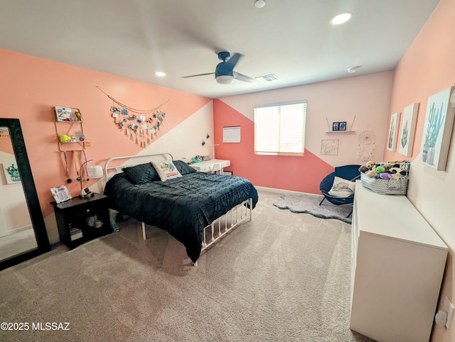 bedroom with visible vents, ceiling fan, recessed lighting, and carpet floors