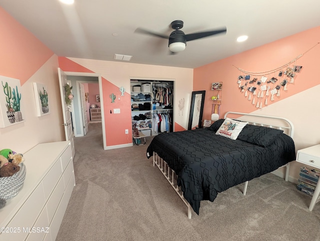 bedroom with a closet, visible vents, a ceiling fan, carpet, and recessed lighting