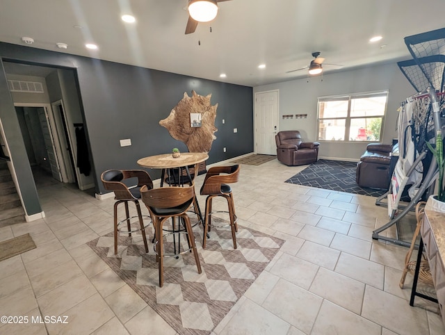 dining area featuring light tile patterned floors, ceiling fan, visible vents, recessed lighting, and baseboards