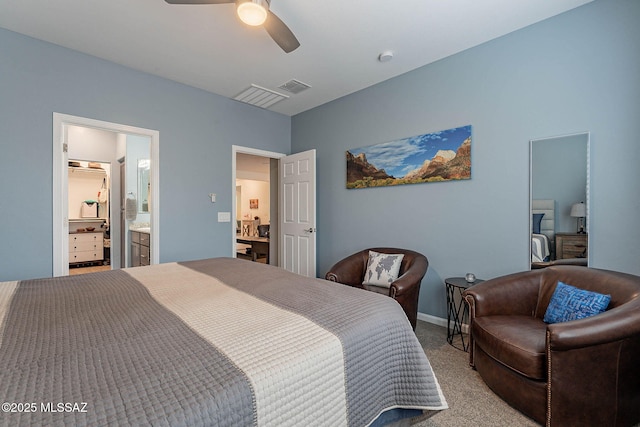 bedroom with ensuite bathroom, ceiling fan, visible vents, and carpet