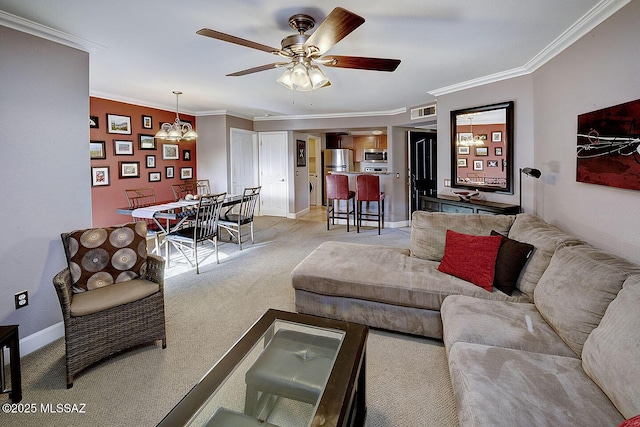 5751 N Kolb Rd Unit 41201, Tucson, AZ 85750 - living room featuring crown molding, light colored carpet, ceiling fan, and baseboards