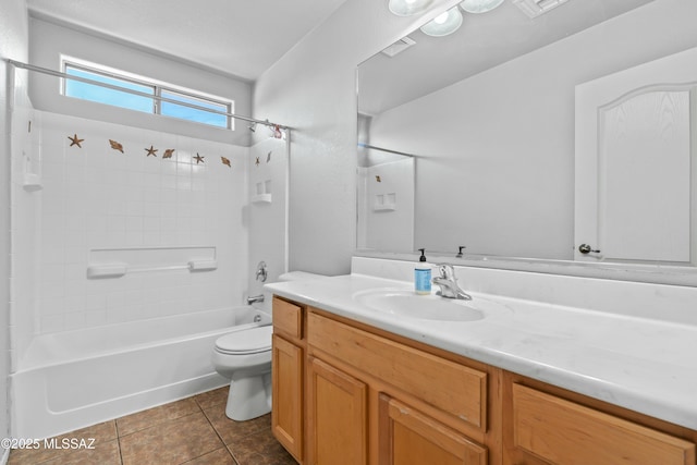 bathroom with vanity, toilet, tile patterned floors, visible vents, and shower / tub combination