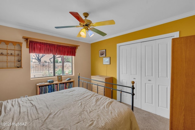 bedroom featuring a ceiling fan, carpet floors, a closet, and crown molding