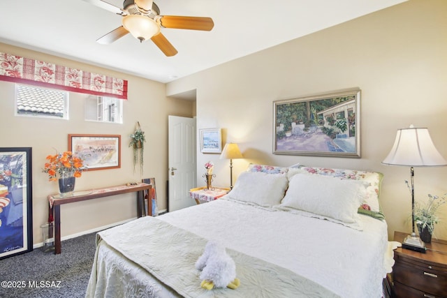 bedroom with baseboards, ceiling fan, and carpet