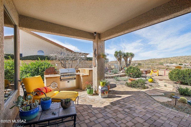 view of patio / terrace with exterior kitchen, area for grilling, and a fenced backyard