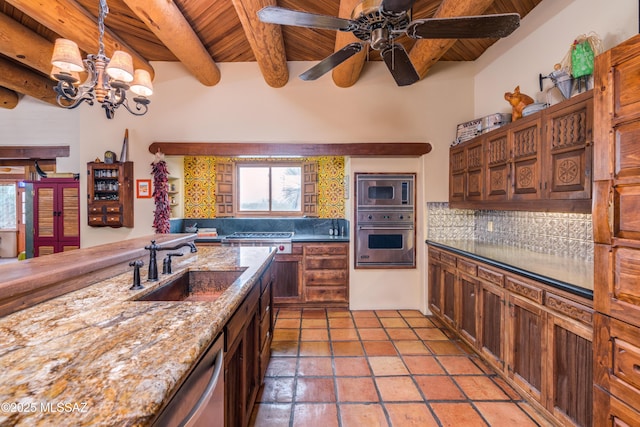 kitchen featuring wood ceiling, a sink, backsplash, appliances with stainless steel finishes, and beamed ceiling