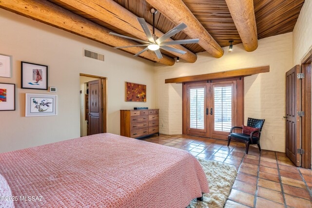 bedroom with access to exterior, wood ceiling, french doors, visible vents, and beamed ceiling