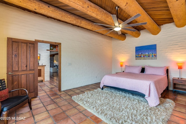 tiled bedroom featuring wood ceiling and beamed ceiling