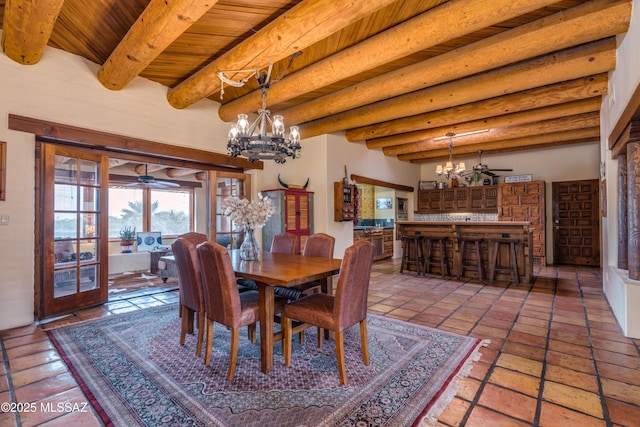 dining room featuring light tile patterned flooring, a chandelier, wood ceiling, and beam ceiling