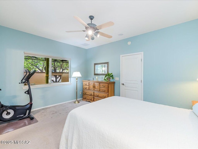 bedroom featuring visible vents, ceiling fan, baseboards, and carpet floors