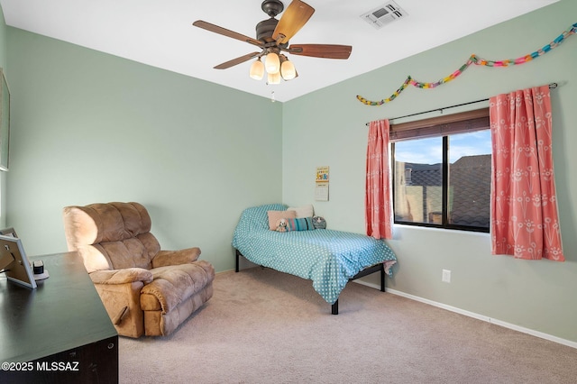 bedroom featuring visible vents, ceiling fan, carpet flooring, and baseboards