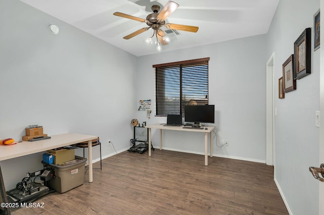 home office with ceiling fan, wood finished floors, and baseboards