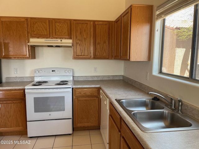 6610 S Via Molino De Viento, Tucson, AZ 85757 - kitchen featuring white appliances, under cabinet range hood, a sink, light tile patterned flooring, and brown cabinetry