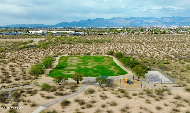 birds eye view of property featuring a mountain view