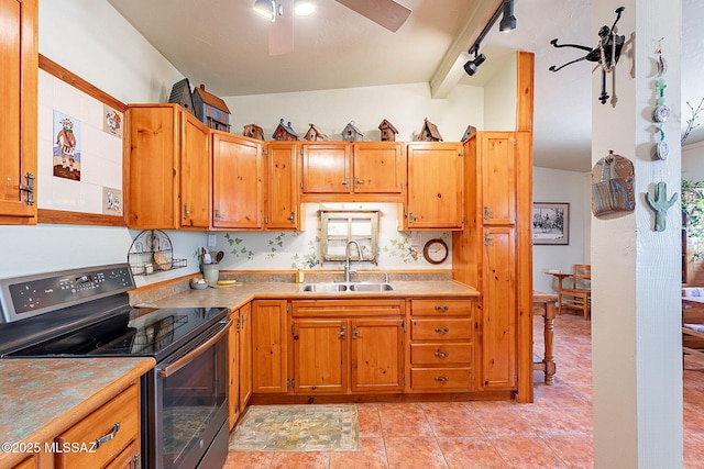 kitchen featuring a sink, range with electric stovetop, a ceiling fan, vaulted ceiling with beams, and brown cabinets