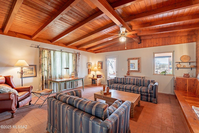 living area with wooden ceiling, lofted ceiling with beams, baseboards, brick floor, and a ceiling fan