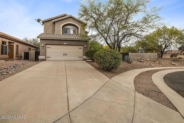 15046 S Harry Truman Pl, Sahuarita, AZ 85629 - mediterranean / spanish-style home featuring an attached garage, stucco siding, a tiled roof, and driveway