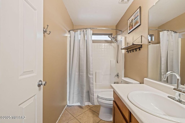 15046 S Harry Truman Pl, Sahuarita, AZ 85629 - full bathroom with toilet, vanity, tile patterned flooring, and shower / bathtub combination with curtain