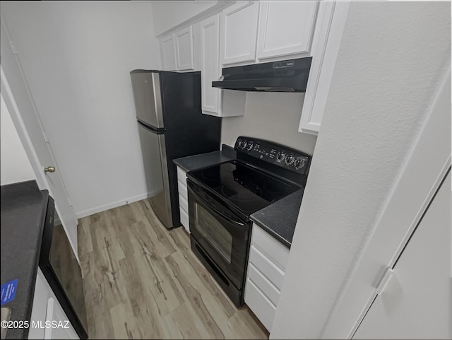 6588 Calle La Paz Unit C, Tucson, AZ 85715 - kitchen featuring white cabinetry, light wood-type flooring, under cabinet range hood, electric range, and dark countertops