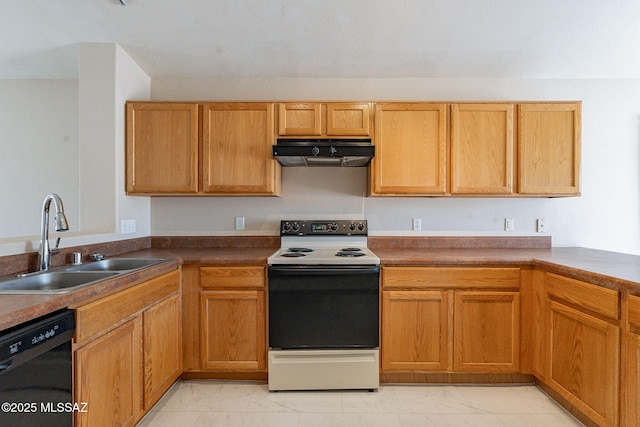 kitchen featuring under cabinet range hood, marble finish floor, dishwasher, a sink, and range with electric cooktop