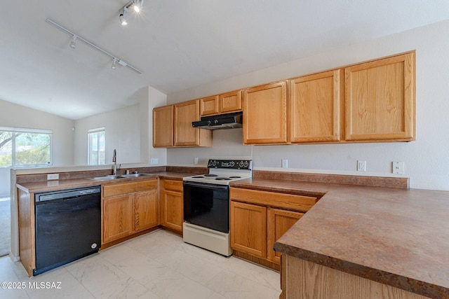 kitchen featuring white range with electric cooktop, a peninsula, black dishwasher, under cabinet range hood, and a sink