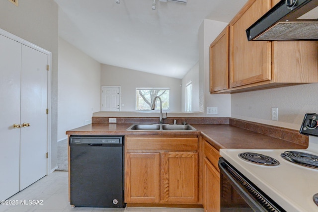 kitchen featuring exhaust hood, dishwasher, a sink, lofted ceiling, and range with electric cooktop