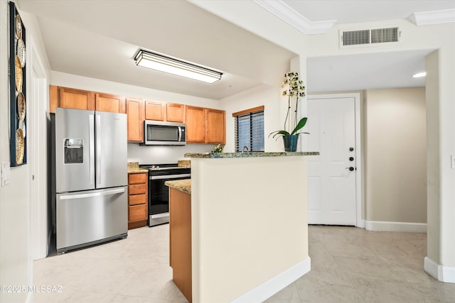 5751 N Kolb Rd Unit 2101, Tucson, AZ 85750 - kitchen with stainless steel appliances, baseboards, light stone counters, and crown molding