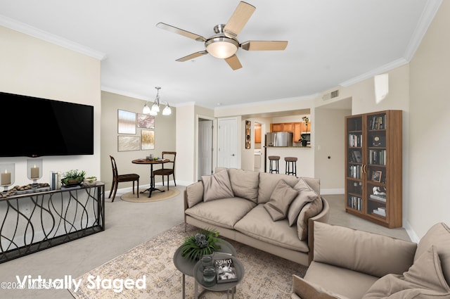 5751 N Kolb Rd Unit 2101, Tucson, AZ 85750 - living room with ornamental molding, a ceiling fan, a chandelier, baseboards, and light colored carpet