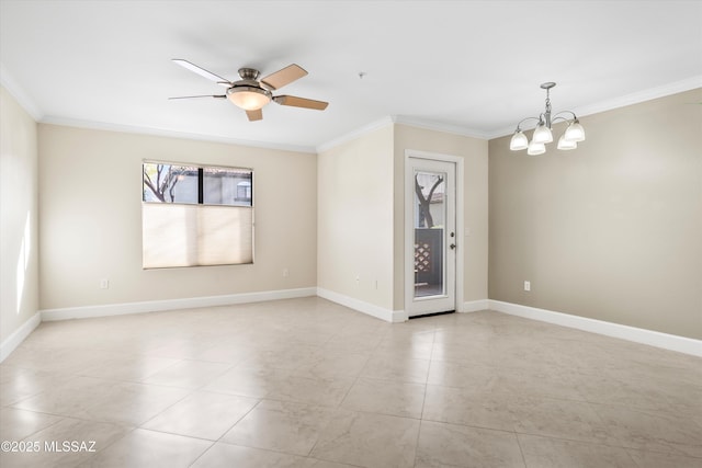 5751 N Kolb Rd Unit 2101, Tucson, AZ 85750 - spare room with ornamental molding, a chandelier, light tile patterned floors, ceiling fan, and baseboards