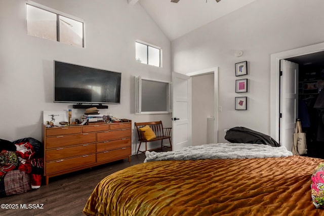 bedroom featuring dark wood finished floors and high vaulted ceiling